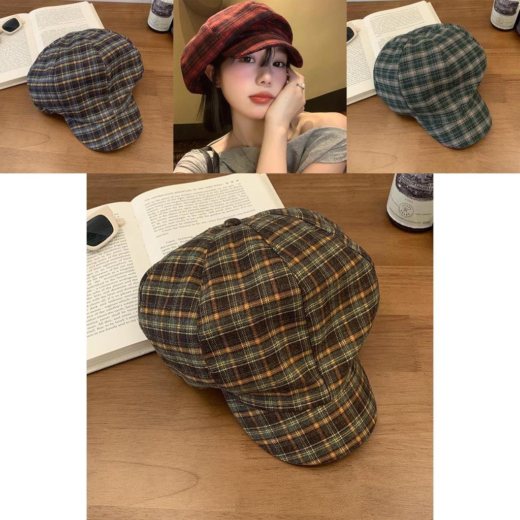 Vintage Red Plaid Cloud Beret Hat For Women Summer Casual Fashion Accessory
