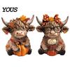 Home Decoration 2PCS Highland Cow Ornament, Wooden Rustic Style Figurine, Thanksgiving Fine Carving Wood Art Theme Art, for Entrance Living Room Decor