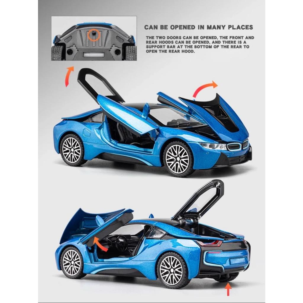 Miniaturas 1/32 BMW I8 Super Coche Deportivo Alta Simulación Diecast Aleación Modelo de Coche Sonido y Luz Retroceso Colección Juguete para Niños Regalo