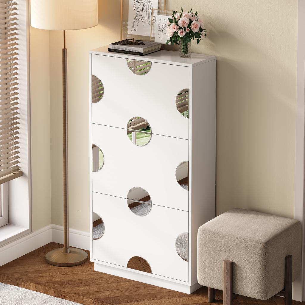 Modern and unique white shoe cabinet, shoe cabinet with 3 flaps, round mirror, large storage space, suitable for entryway/foyer