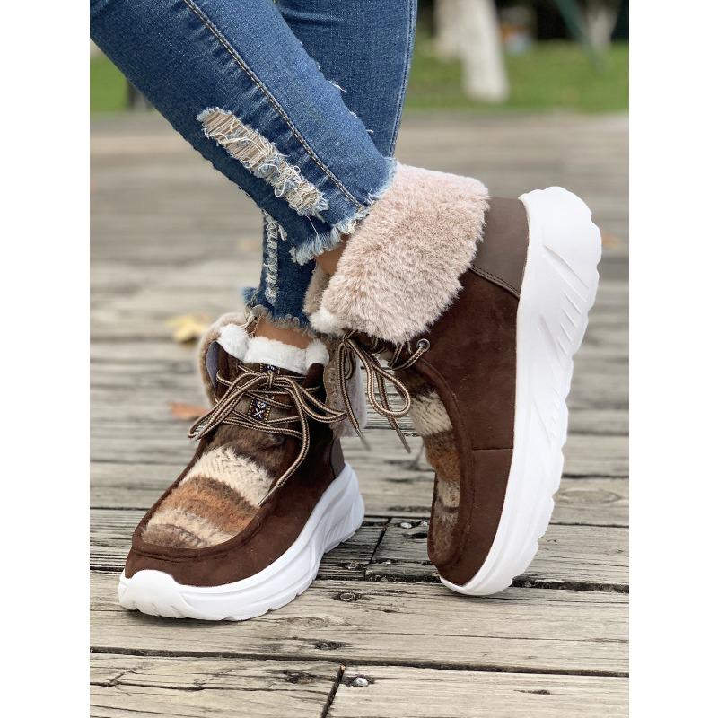 Große Schneestiefel für Damen sind im Herbst und Winter beliebt, neue warme und bequeme Schnür-Baumwollstiefel mit flachem Boden und Umschlag für Damen