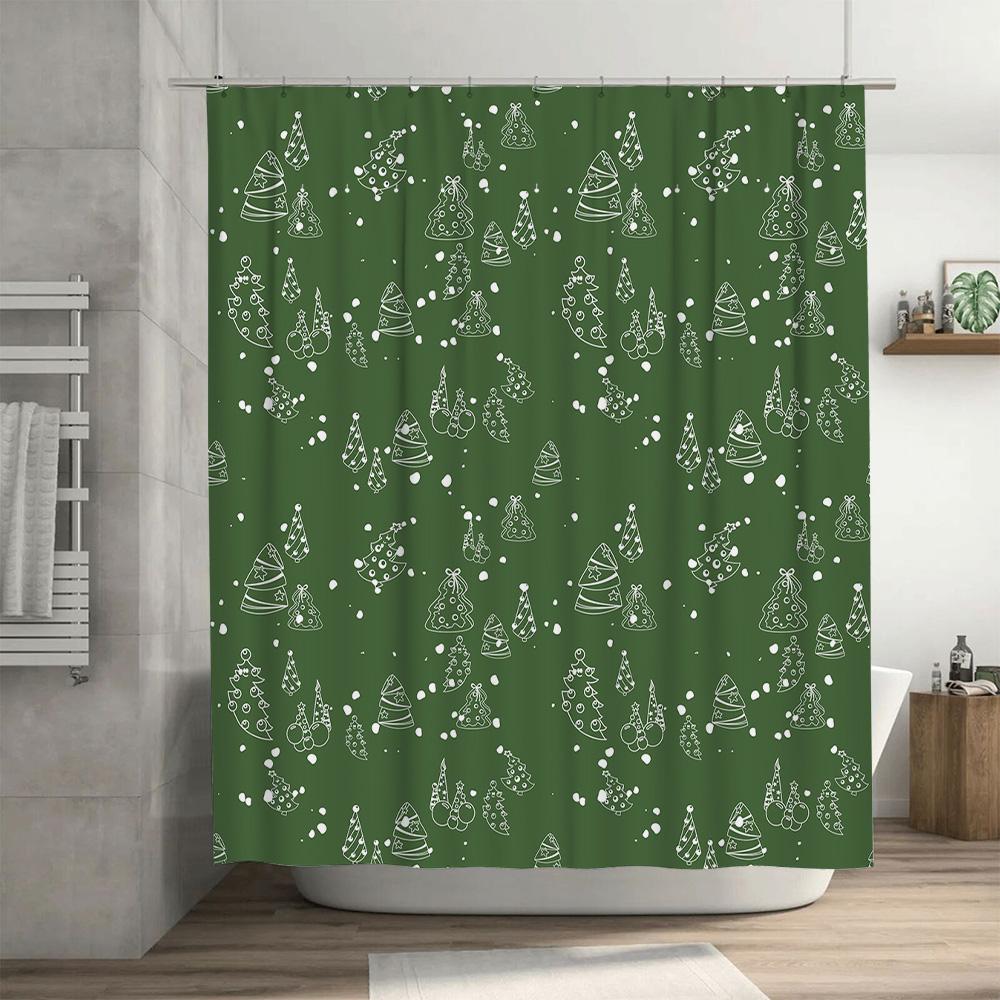 Christmas Tree Shower Curtain Green White Patterned Bathroom Decor Waterproof Fabric Shower Door Curtains Set With Hooks 180X245