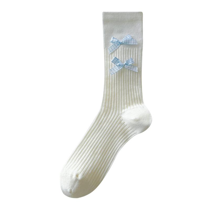 Ballet Style Solid Color Bow Mid Tube Socks Summer Cotton Lightweight Breathable Fashionable Soft Comfortable Casual Women Socks