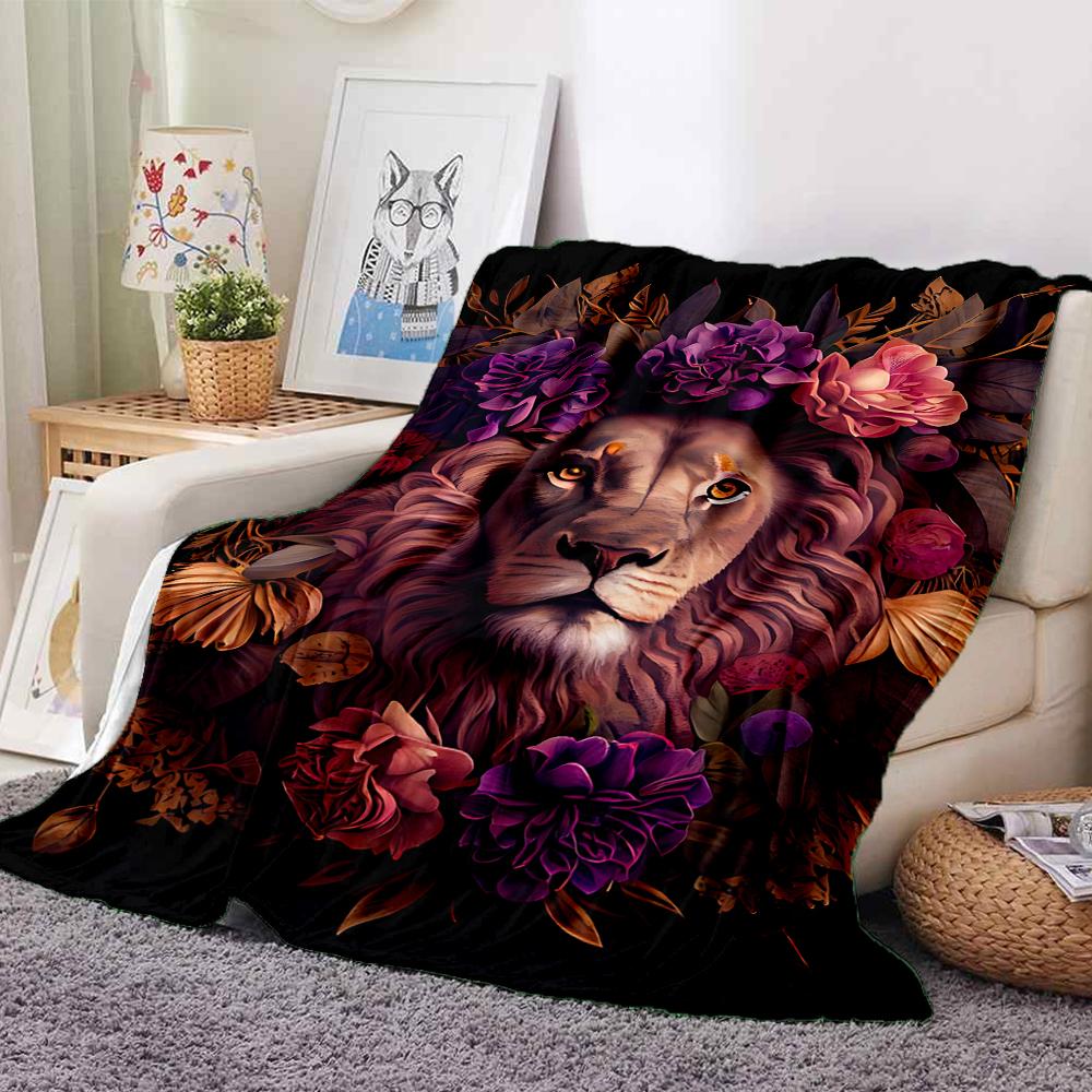 1Pc Lion Amidst Floral Splendor Flannel Blanket, Soft And Comfortable, Casual Warm, Camping Travel, Christmas, Halloween Xmas Gift. G1130