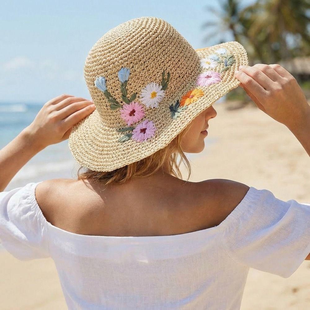 Geborduurde Bloem Bloem Strooien Hoed Kleurrijke Dames Zonnehoeden Strandhoed Vakantie