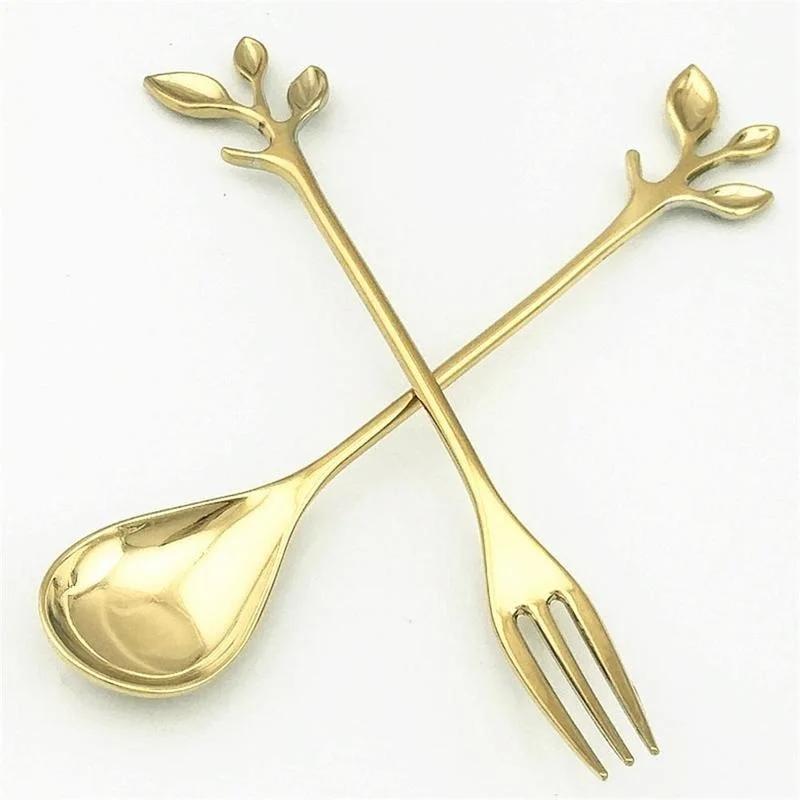 1PC Alloy Gold Shaped Leaves Silver Copper Coffee Forks Fork Kitchen Cutlery Dining Room Snack Bar Sweet Dinner Set 12cm