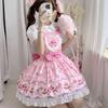 Vestido Lolita Kawaii Japonês Jsk Feminino Fofo Rendas Babados Estampa de Desenho Bolo Alça de Laço Vestido Meninas Doce Festa do Chá Vestido Princesa