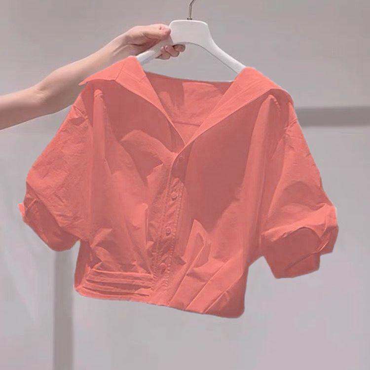 Lapel Bubble Sleeve Shirt Women Loose Fit Cropped Top Female Blouse and Shirt