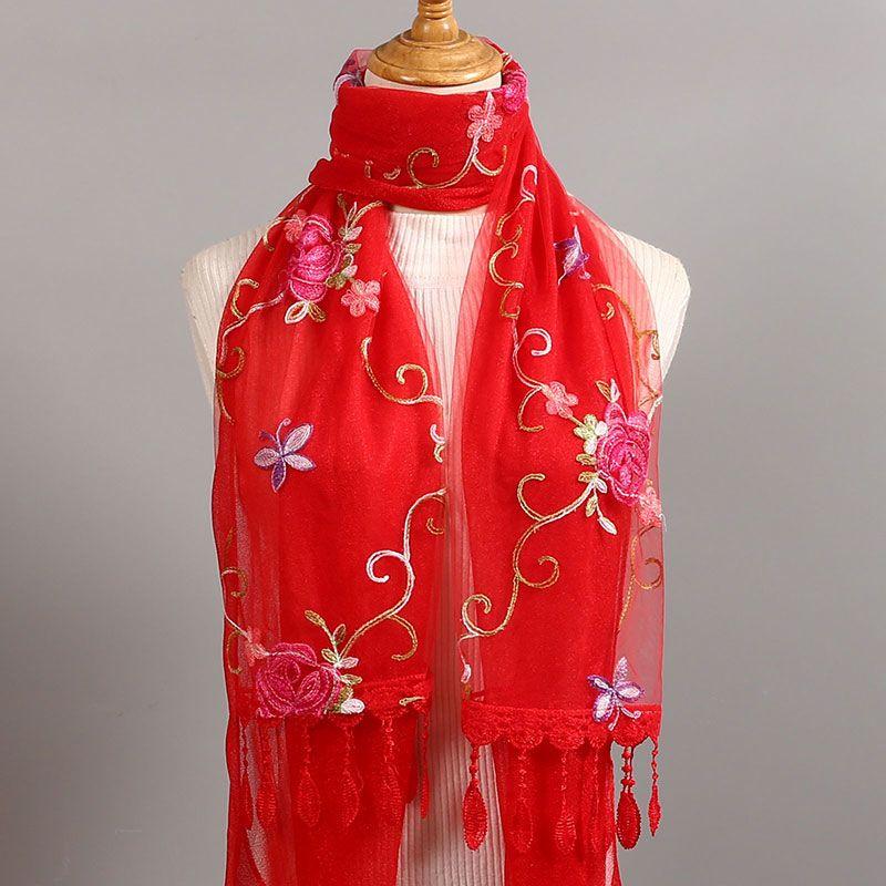 Silk Scarf for Women In Winter Elongated Embroidered Flower Scarf Draped Over A Shawl Patchwork Lace Scarf Fashionable Neck Protection Scarf