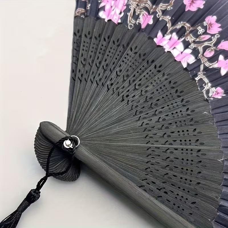 Vintage Black Flower Pattern Folding Fan Chinese Style Handheld Fan for Dance Performance Cosplay Wedding Party Decorative Gift