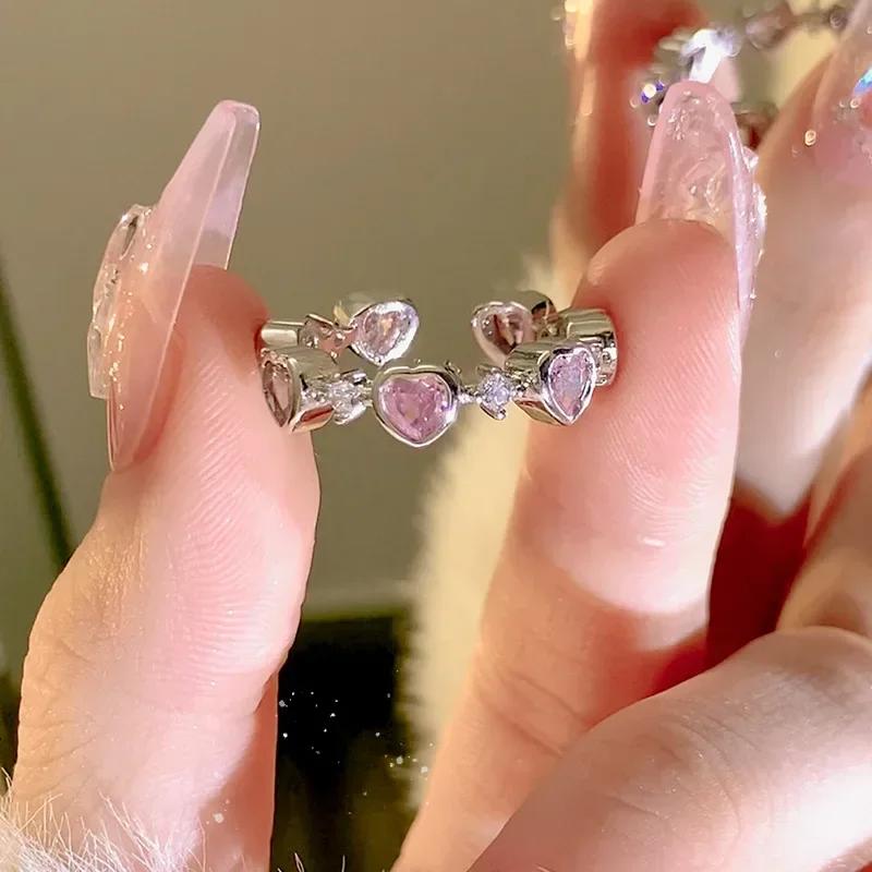 Pink Diamond Heart Opening Ring, Niche Design Thorn Ring, Women'S Personalized Layered Light Luxury High-End Ring
