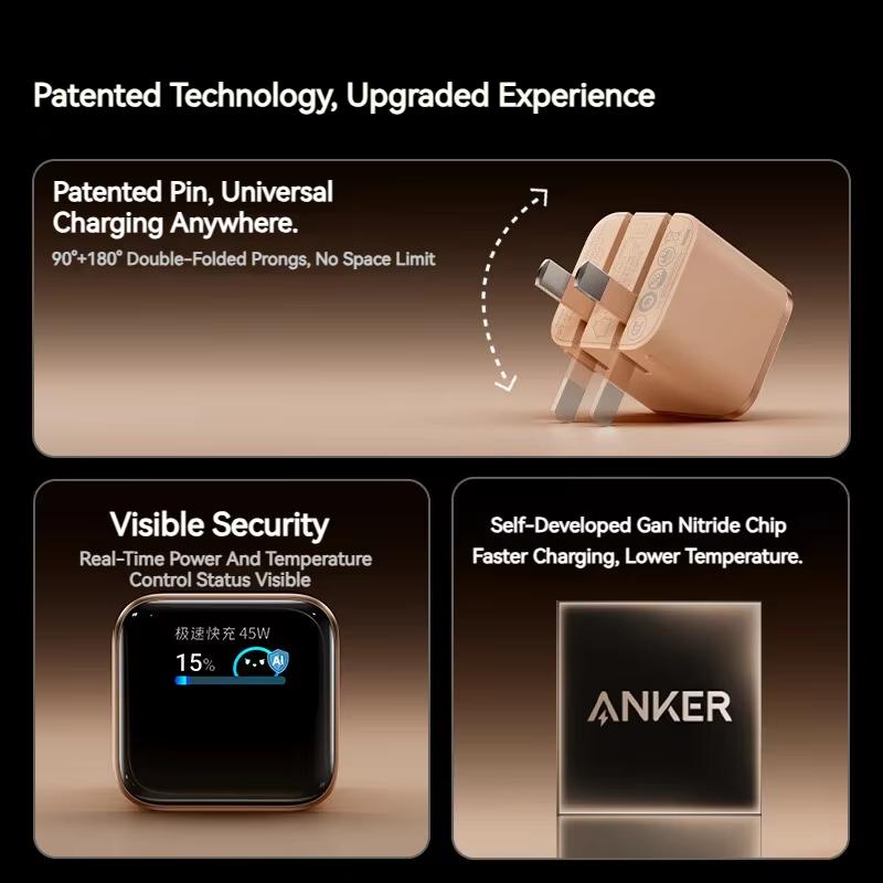 Anker 45W Nano Smart Typ C Ladegerät Schnellladung Faltbarer Stecker Kompaktes Bildschirmdisplay für iPhone 17 Pro Max 16 Pro USB C Ladegerät