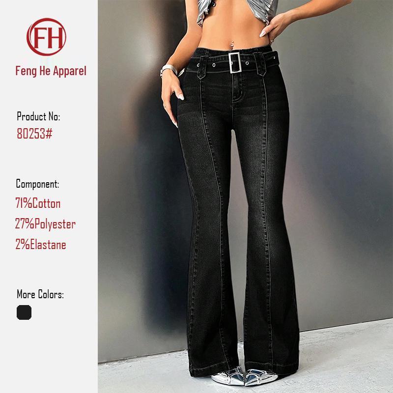Retro Micro-Flare Black Women s Slimming Jeans with Belt, Sexy Long Pants 2026 XL