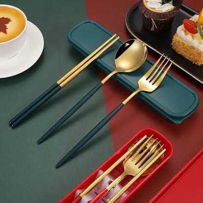 3 PCS Spoon Chopstick Fork 304 Stainless Steel Cutlery Creative Portable Lunch Tableware With Box Set Kitchen Dinnerware Kit