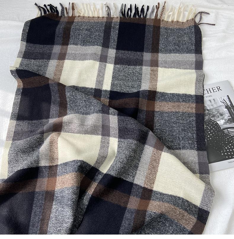 Women's Elegant Vintage Warm Thick Multicolor Plaid Fringe Scarf - Polyester Fleece Wrap Shawl for Casual Outing, Soft Comfortable