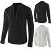 Spring Autumn Men Shirt Lace-up Stand Collar Long Sleeves Solid Color Loose Retro Medieval Mid Length Casual Cosplay Performance Top