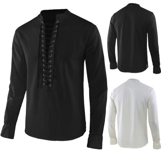 Spring Autumn Men Shirt Lace-up Stand Collar Long Sleeves Solid Color Loose Retro Medieval Mid Length Casual Cosplay Performance Top