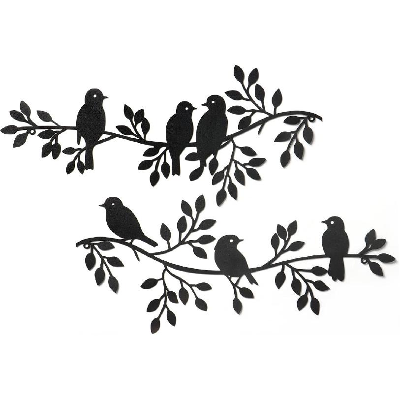 LOMOHOO Metal Birds Wall Decor Art Leaves 6 Birds on Vine Olive Branch Iron Sculptures Silhouette Metal Hanging Ornament Bedroom Living Room Indoor