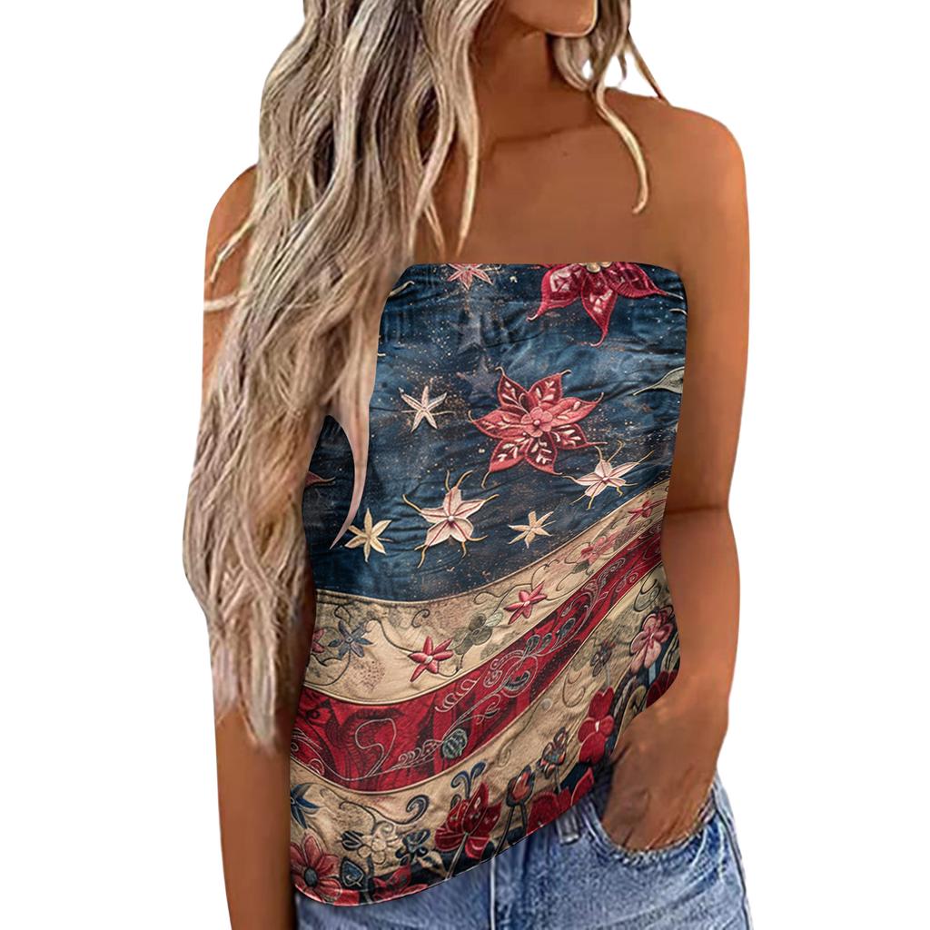 Women's Summer Sexy Strapless Off-Shoulder Elastic Band Design Independence Day Print Top