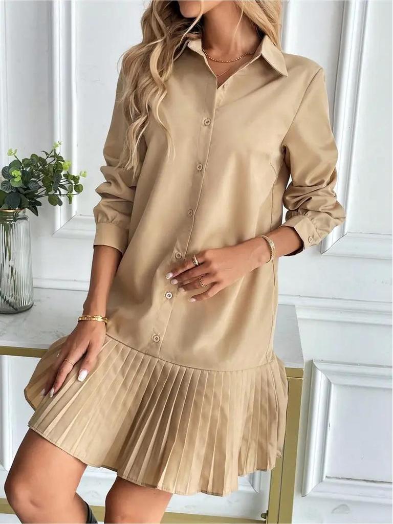 2025 Autumn/Winter European & American Pleated Patchwork Dress with Shirt Collar & Twist Button