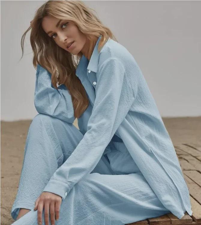 Dames Herfst 2022 Effen Kleur Casual Pak: Shirt met lange mouwen & Broek met elastische taille