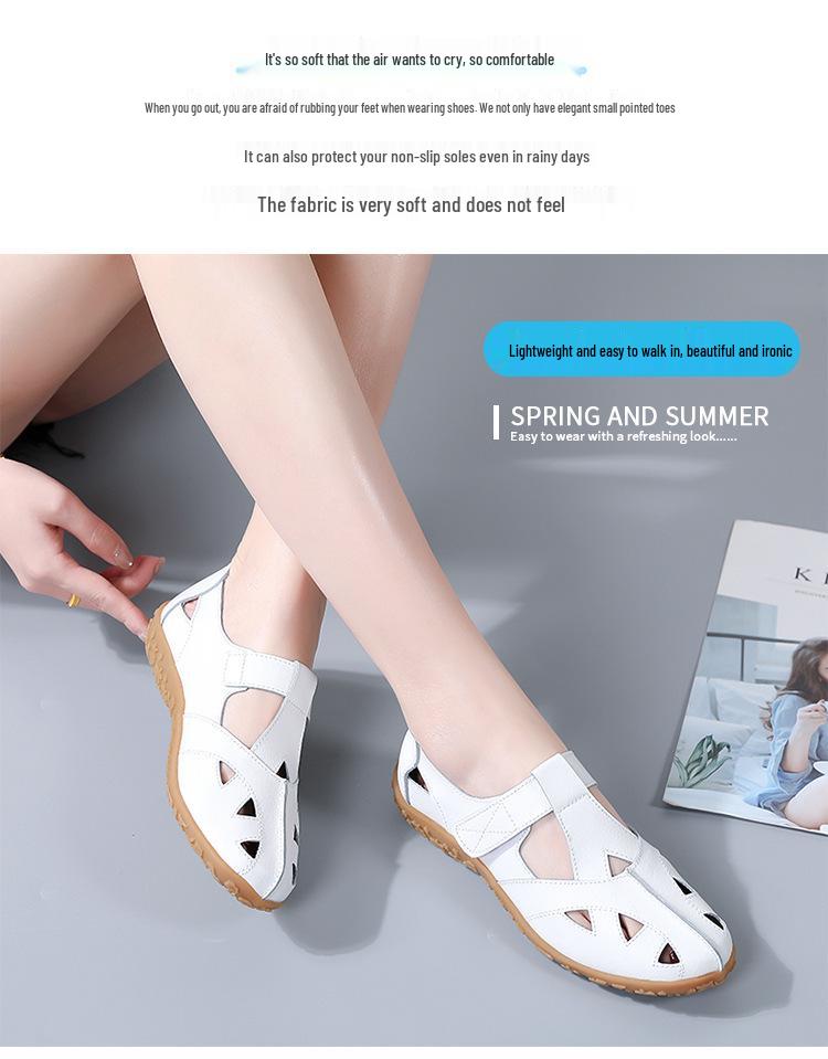 Women's Summer Genuine Leather Moccasins: Casual Sandals with Hollow Design - Perfect for Moms and Nurses
