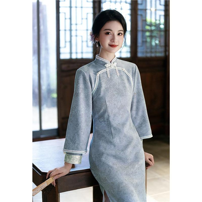 Blue autumn and winter new Chinese style new 1011 particularly beautiful waist cheongsam women's high-end sheep down double-sided printing