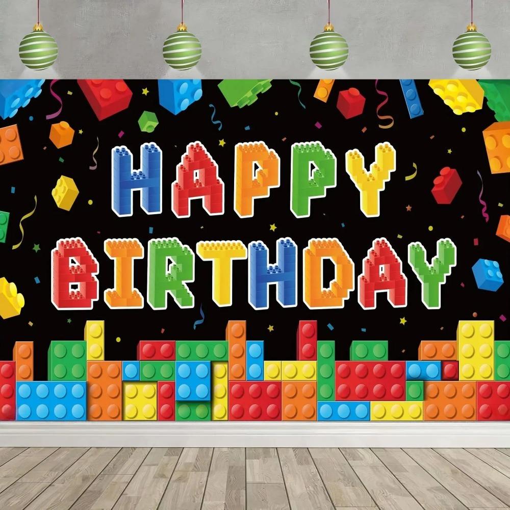Colorful Building Block Themed Birthday Banner Shooting Backdrop Children Birthday Family Party Decoration Photography Backdrop