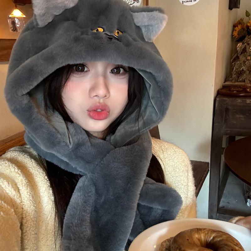 Cute Kitten Hat for Women with Winter Ear Protection Hat Plush Thickened Cartoon Pullover Hat Scarf Integrated Trend
