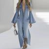 Laza egyszínű farmer stílusú overall nőknek, egygombos, alkalmi, őszi-téli, bővülő ujjú, lehajtott galléros playsuit
