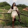 Spring Knit Long Sleeve Lantern Sleeve Short Dress With V Neck For Casual And Travel