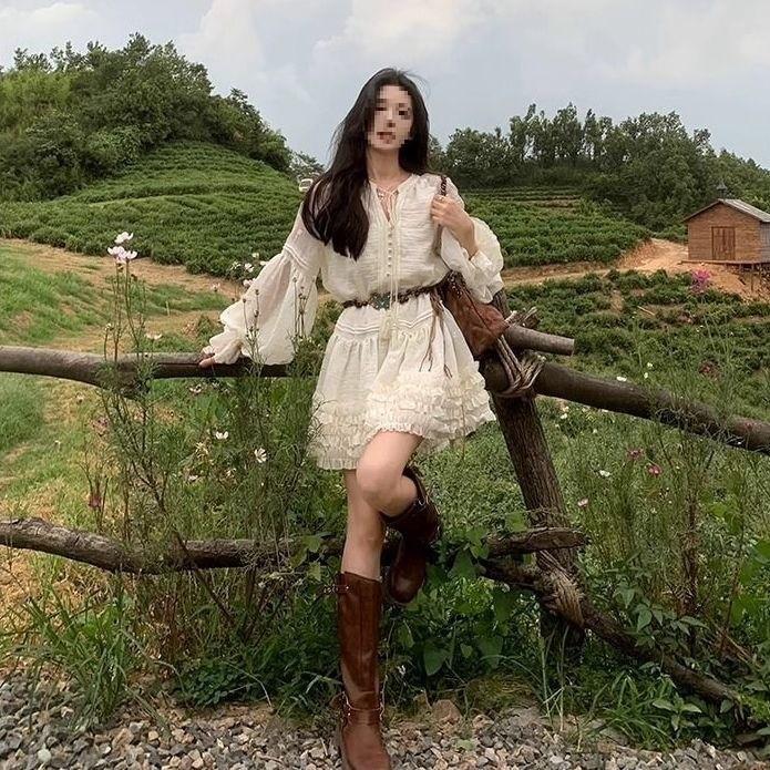 Spring Knit Long Sleeve Lantern Sleeve Short Dress With V Neck For Casual And Travel