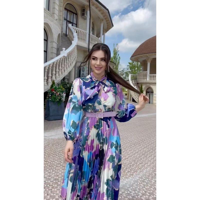 

European and American New Scarf Collar Temperament Waist Hugging Print Dress Bubble Sleeve Printed Dress Printed 2XL