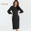 Autumn Lady Dress Knitted Round Neck Long Sleeves Slim Fit Pleated Lace-up Tight Waist Mid-calf Length Elastic Solid Color Midi Sweater Dress