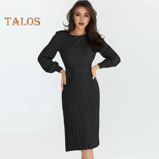Autumn Lady Dress Knitted Round Neck Long Sleeves Slim Fit Pleated Lace-up Tight Waist Mid-calf Length Elastic Solid Color Midi Sweater Dress
