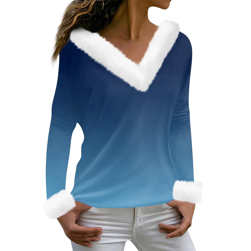 Women's T Shirt Tee Print Shirt Long Sleeve Party Fleece Collar V Neck  Top