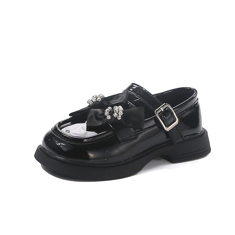 Children's College-Style Leather Shoes2026New Autumn Cute Rhinestone Double Bow Solid Color Fashion Performance Shoes