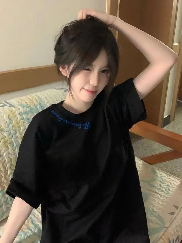 Cotton T-shirt American trendy letter print pure cotton short-sleeve T-shirt for women, summer lazy style loose short-sleeve