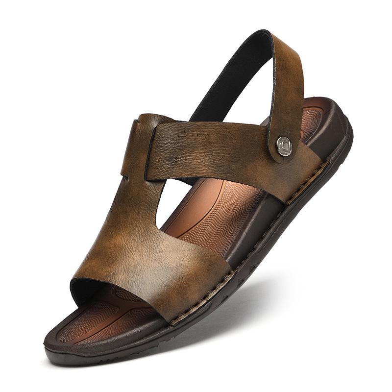 Large Summer Leather Cross-Strap Sandals, Sizes 45-46, Non-Slip Soft Sole Beach Flip-Flops for Men