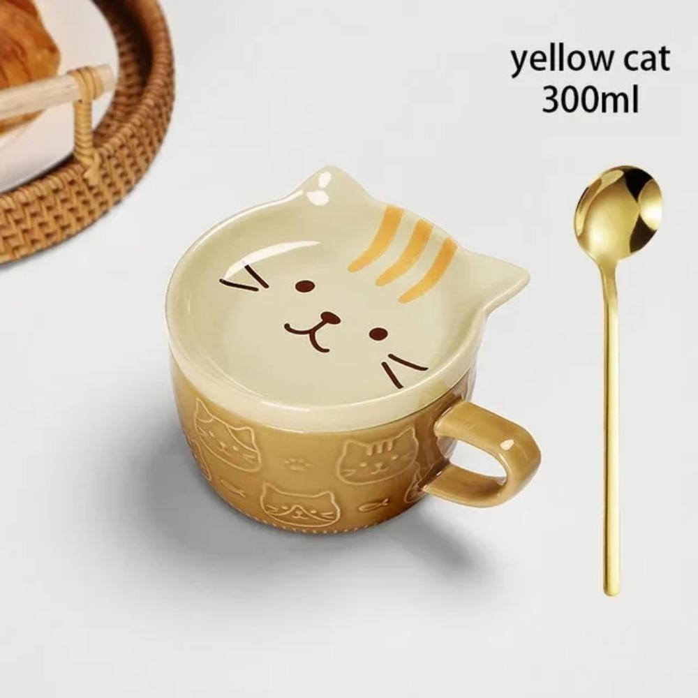Mug à café chat de dessin animé japonais avec couvercle à motif chat animal petite assiette tasse de petit-déjeuner mignonne tasse à café créative tasse à lait cadeau