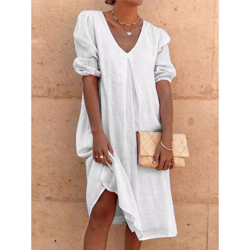 Solid Color V-neck Short Sleeve Dress Women Solid Color and V-neck Short Sleeve Dress