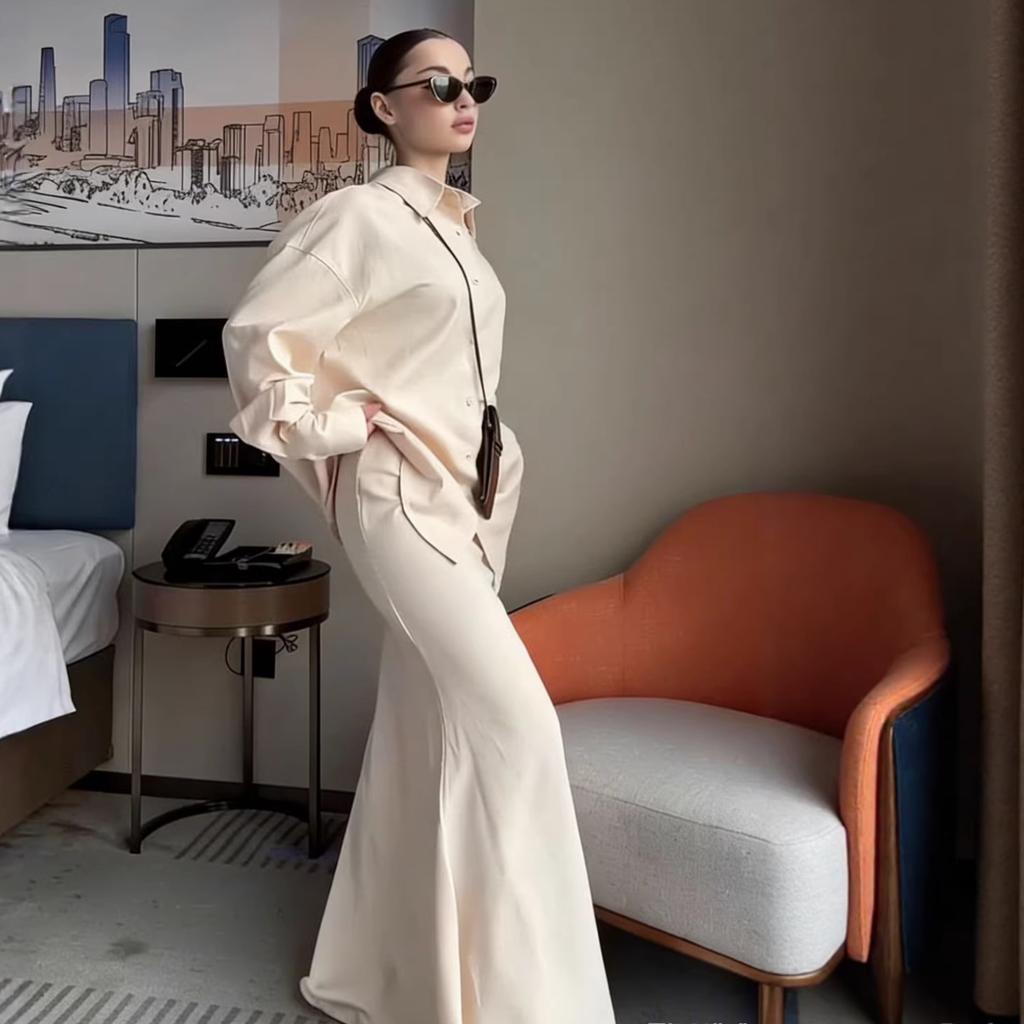 2026 spring and autumn cross-border European and American women's clothing long shirt top high waist fishtail drape skirt temperament