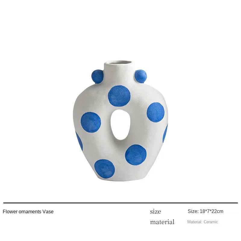 Matte Ceramic Vase Blue Hand Painted Floral Decoration Flower Arrangement Living Room Dining Countertop Vase Ceramic Handicrafts