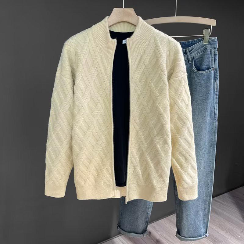 Mens Half Turtleneck Knit Cardigan With Cable Twist Loose Fit Casual Sweater Winter Daily Wear