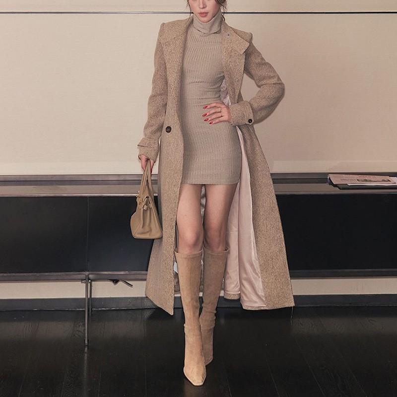 Vintage Elegant Stand Collar Long Wool Blend Coat Women Slim Fit Casual Overcoat