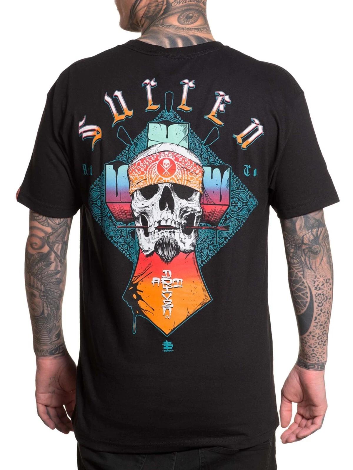 

Sullen Men s Cholo Cross Short Sleeve Standard T-shirt Tattoo Skull Bandana Tee L