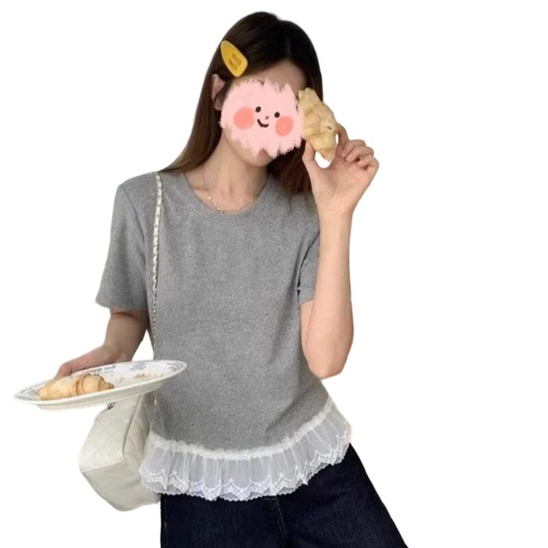 La Chapelle Women s Summer 2026 Korean Style Lace Patchwork Short Sleeve T-Shirt M белый