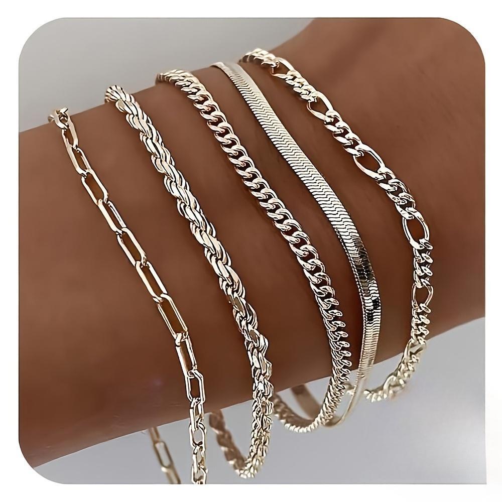 5pcs 18k Gold-plated Stainless Steel Bracelet Set for Women, an Elegant and Luxurious Jewelry Set for Women That Never Fades