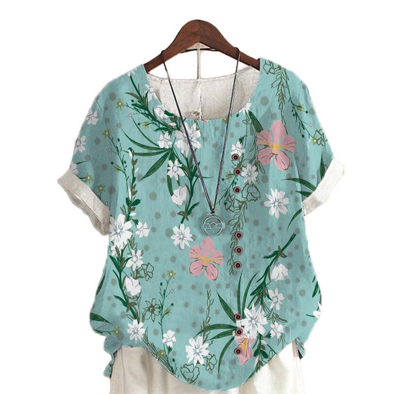 Sommer Uformell Retro bomull Lin Motetrykk Løs fritidsskjorte Kortermet allsidig T-skjorte topp for kvinner
