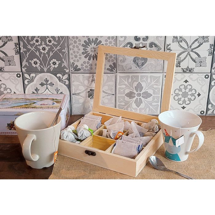 Boite à thé/tisane en bois 9 compartiments 21,5 x 18 H 4,6 cm